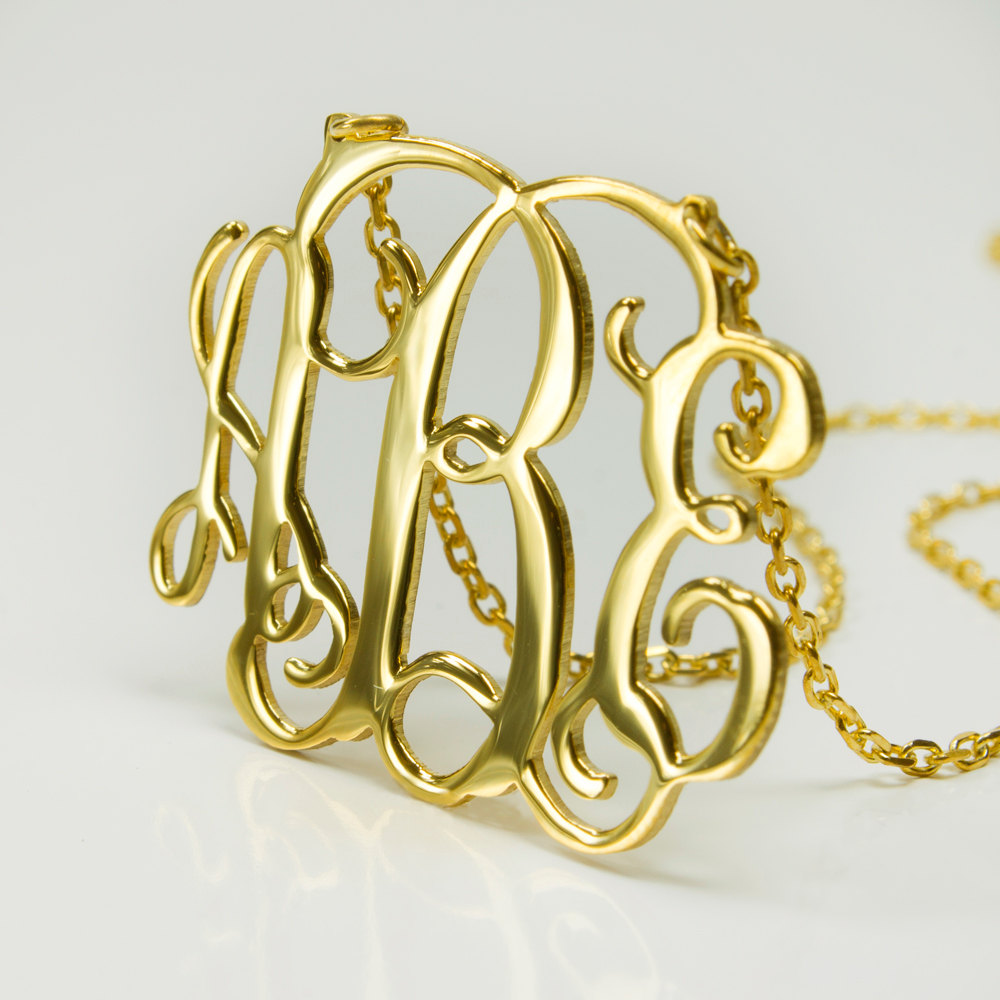 1.25inch Monogram Necklace 18k Gold Plated- 925 Sterling Silver Handmade on Luulla